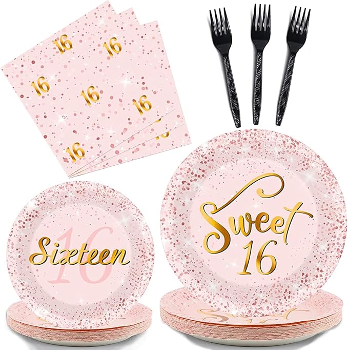 96 Pcs Rose Gold Sweet 16 Birthday Party Plates and Napkins Party Supplies Sixteen Birthday Party Tableware Set 16th Party Decorations Favors for Girls Birthday Serves 24