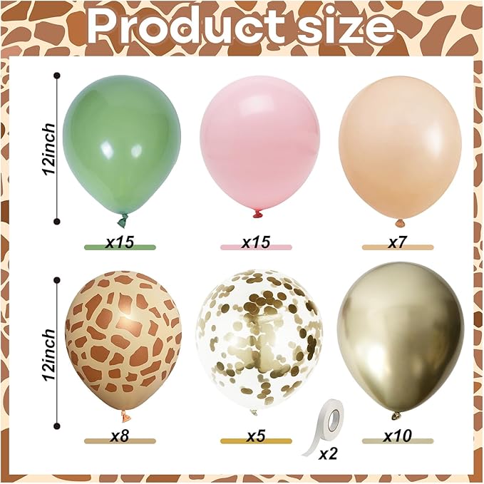 Pink Jungle Safari Balloons, 60PCS Sage Green Pastel Pink Gold Balloon, Light Pink Cream Beige Balloon with Animal Print for Girls Birthday Baby Shower Wild One Giraffe Party Decorations Supplies
