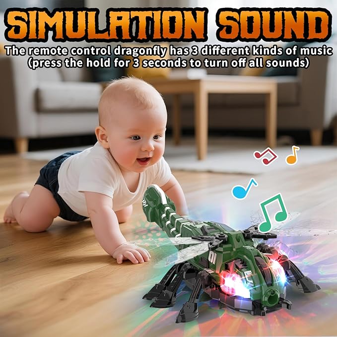 RC Dragonfly Robot Toy with 2.4GHz Remote, Lights, Music & Spray - Realistic Dragonfly Gift for Kids, Perfect for Holidays, Parties & Pranks, Green