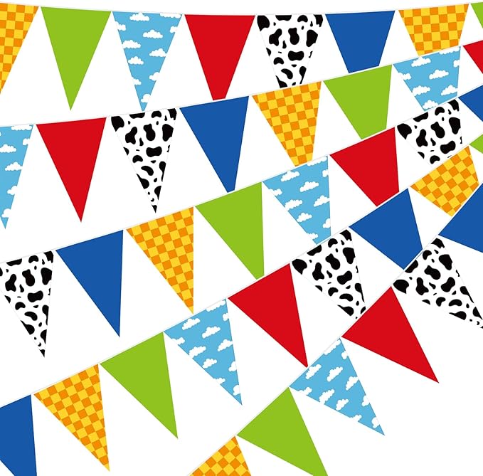 Pasimy 5 Pcs 49.2Ft Cartoon Birthday Party Decorations Blue Sky White Clouds and Cow Print Pennant Banners Flags Red Blue Yellow String Triangle Flag Banner for Baby Shower Birthday Party Decorations