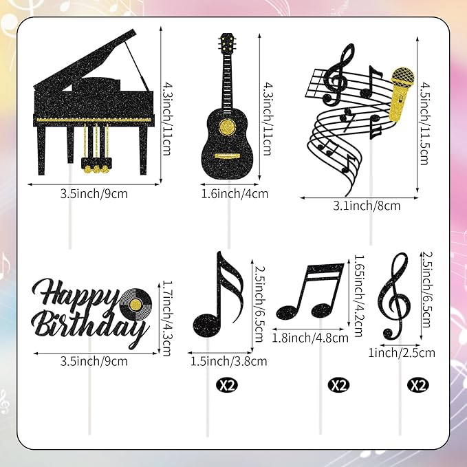 Hooqict 10Pcs Music Cake Decorations Set with Piano, Guitar, Music Notes, Happy Birthday Cake Toppers & Cupcake Toppers for Musician Birthday Party Decorations Supplies