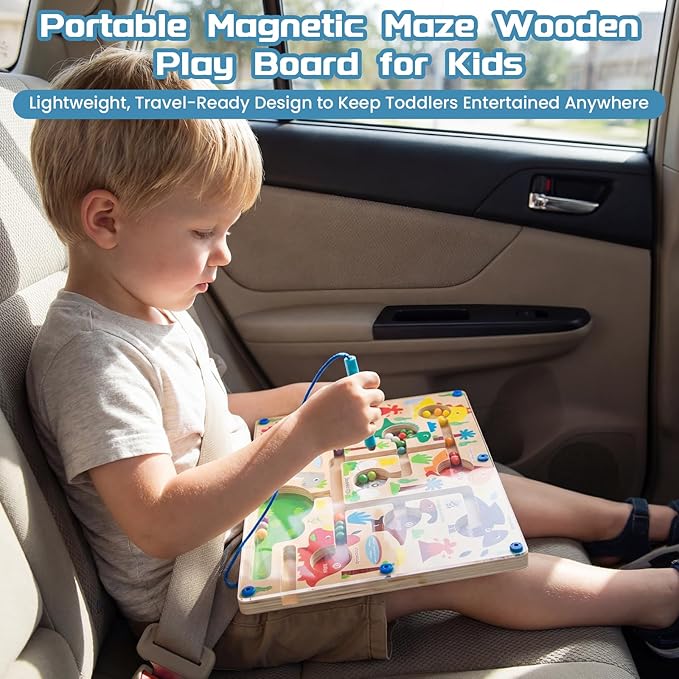 Magnetic Color & Number Maze, Montessori Wooden Color Matching Learning Counting Puzzle Board, Toddler Fine Motor Skills Toys for Boys Girls 3 4 5 Years Old - Dinosaur