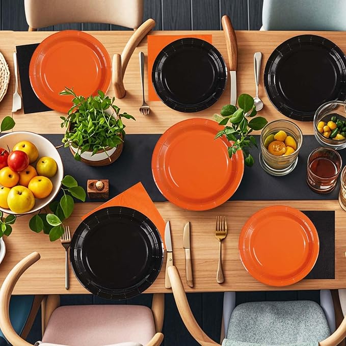 Grencian 96Pcs Orange and Black Party Decorations Orange and Black Plates and Napkins Disposable Paper Tableware Set for Birthday Wedding Baby Shower Fall Harvest Halloween Party Supplies, Serves 24