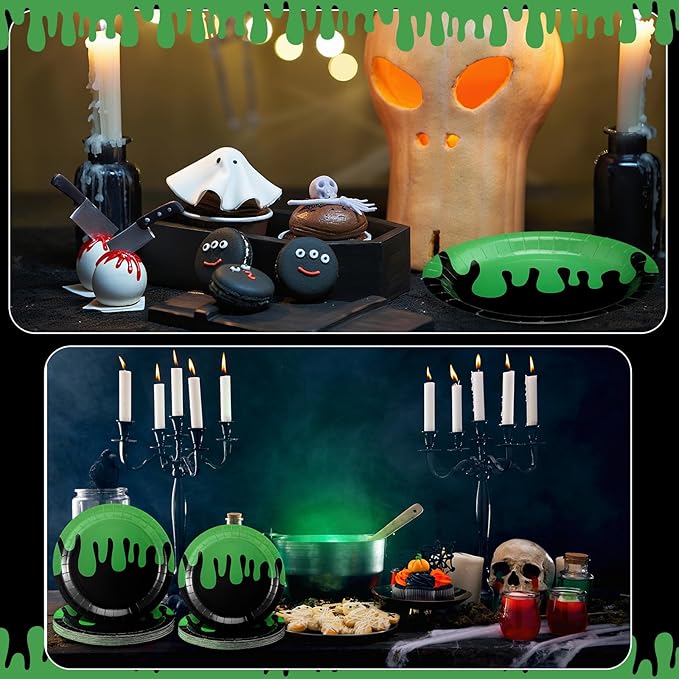 48 Pcs Ghost Party Paper Plates Green and Black Disposable Dessert Plates Set for Kids Boys Girls Birthday Themed Party Supplies Halloween Decorations, 7 Inches and 9 Inches