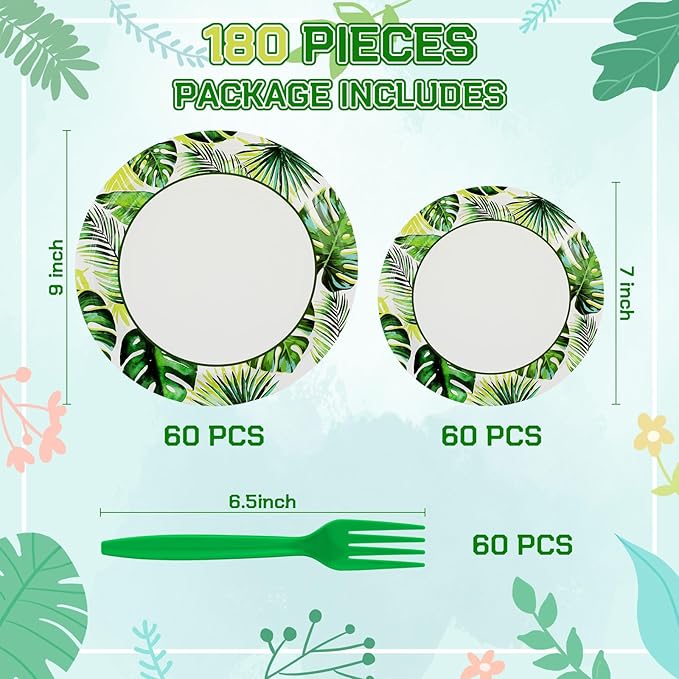 180 Pcs Summer Tropical Paper Plates and Forks Tropical Party Supplies 9'' Disposable Plates 7'' Paper Snack Plates Plastic Forks for Kids Birthday Hawaiian Beach Party Decorations, Serves 60