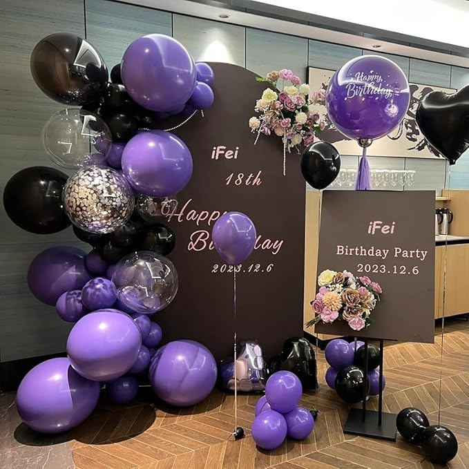 Black Purple and Silver Balloons Arch Kit, 146 Pcs Matte Black Light Purple Confetti Chrome Silver Balloons for Graduation Birthday Party Baby Shower Wedding Decorations