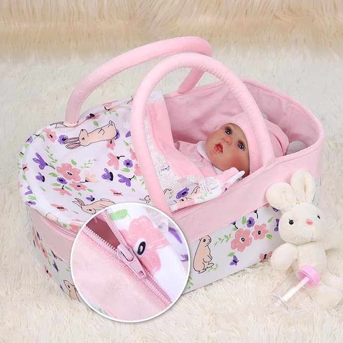 BABESIDE 8 Pcs Reborn Baby Doll Clothes with Bassinet for 17-22 Inch Baby Dolls, Baby Dolls Clothes Doll Accessories Set with Bunny Toy for Realistic Baby Dolls Girl (Not Doll)