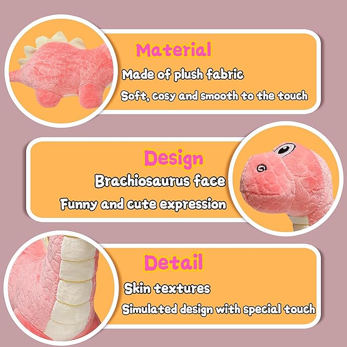 Cute Dinosaur Stuffed Animals Plush Toy for Kids, 12'' Kawaii Brachiosaurus Dino Plush Toys, Pink Dinosaur Stuffed Animal for Soft Dino Toddler Pillow, Birthday Gift, Easter Basket Stuffers