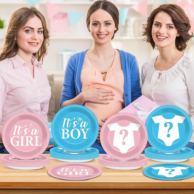 CHUNNIN 48Pcs Gender Reveal Party Paper Plates for Gender Reveal Party Supplies 7" Boy or Girl Pink and Blue Disposable Plates for Baby Shower Newborn Favors Decorations
