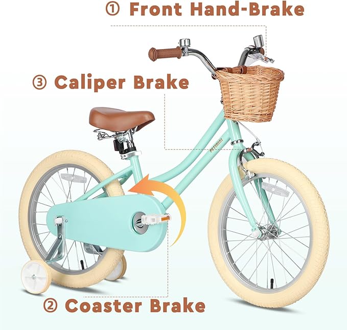 Petimini Vintage Kids Bike for Girls, 12–20 Inch Classic Bicycle with Wicker Basket & Bell, High Tensile Steel Frame, Training Wheels (12–18”), 85% Pre-Assembled, Retro Bike for Outdoor Riding