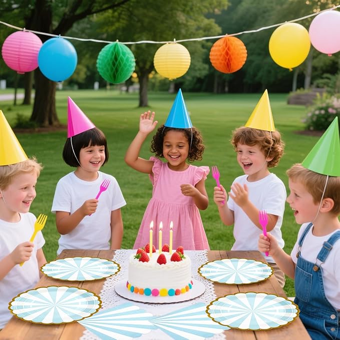 50PCS Blue Striped Paper Plates and Napkins Party Supplies, 7 inch Disposable Gold Foil Scalloped Dessert Plate Party Tableware Set for Birthday Wedding Bachelorette Baby/ Bridal Shower Decorations