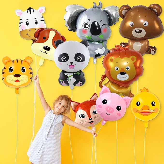 10 Pcs Safari Animal Balloons for Jungle Birthday Party Decorations - Giant Elephant, Lion, Monkey, Panda, Zebra Foil Balloons for Boys Wild One Baby Shower Zoo Party