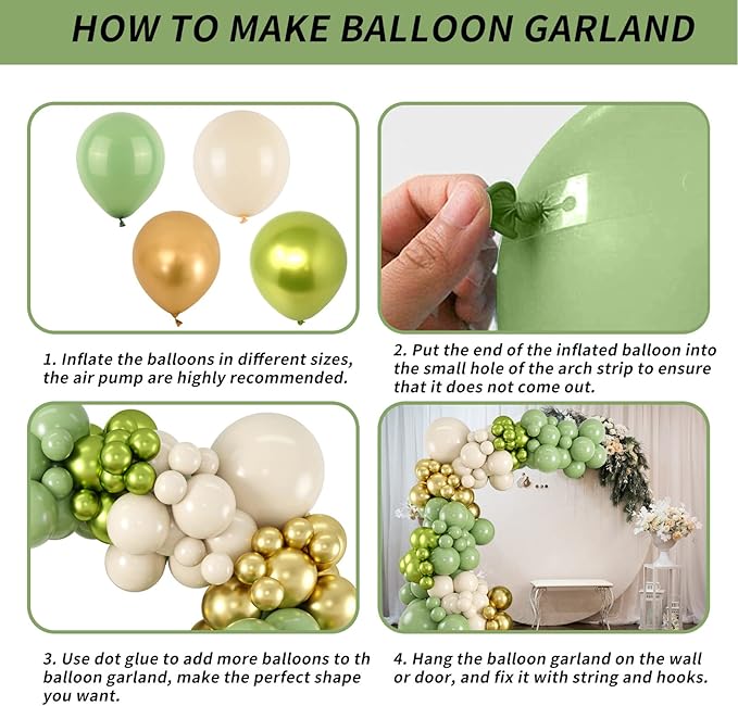 Sage Green Gold White Balloon Arch Garland Kit Metallic Lime Green Balloons Garland Olive Green Cream Ivory White Chrome Gold Latex Balloon Jungle Animal Birthday Tropical Dinosaur Party Decorations
