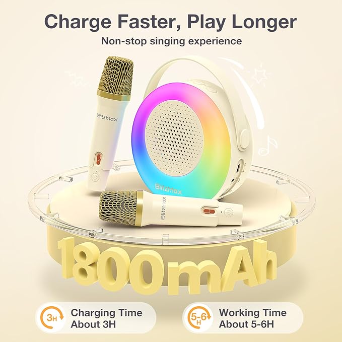 Karaoke Machine for Kids，Mini Portable Bluetooth Speaker with 2 Wireless Microphones,Karaoke Toys Gifts with Interactive Lights and Sound for Girls Boys Adults Home Party Birthday-Beige