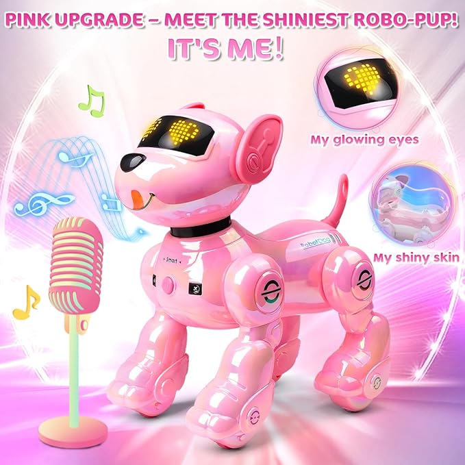 VATOS New Kids Remote Control Robot Dog, 17 Fun Interactive Functions Intelligent Programmable Kids Robotic Puppy with 2 Batteries, Singing Dancing Walking Robot Dog Toy for Girls 3-8 Years Old, Pink