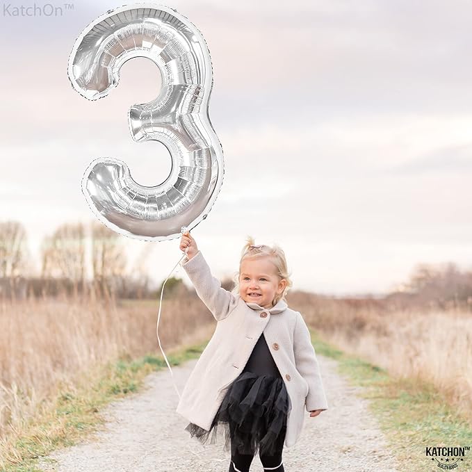 KatchOn, Big Silver Number 3 Balloon - 40 Inch | 3rd Birthday Decorations for Girls & Boys