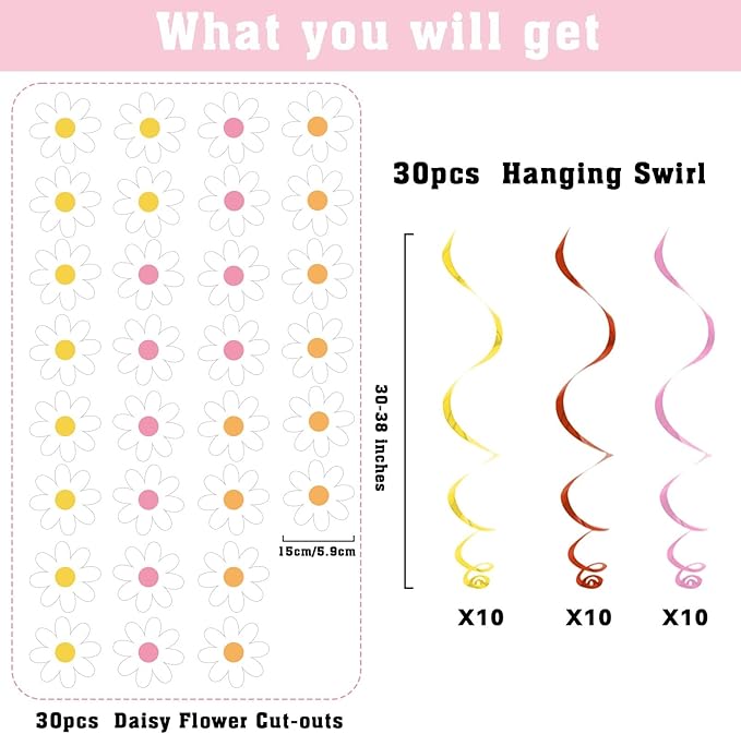 60pcs Daisy Flower Hanging Swirls White Daisy Garland Banners Foil Ceiling Hanging Decor Flower Cutouts Party Supplies for Boho Hippie Groovy Retro Birthday Baby Shower Spring Party Decorations Favor