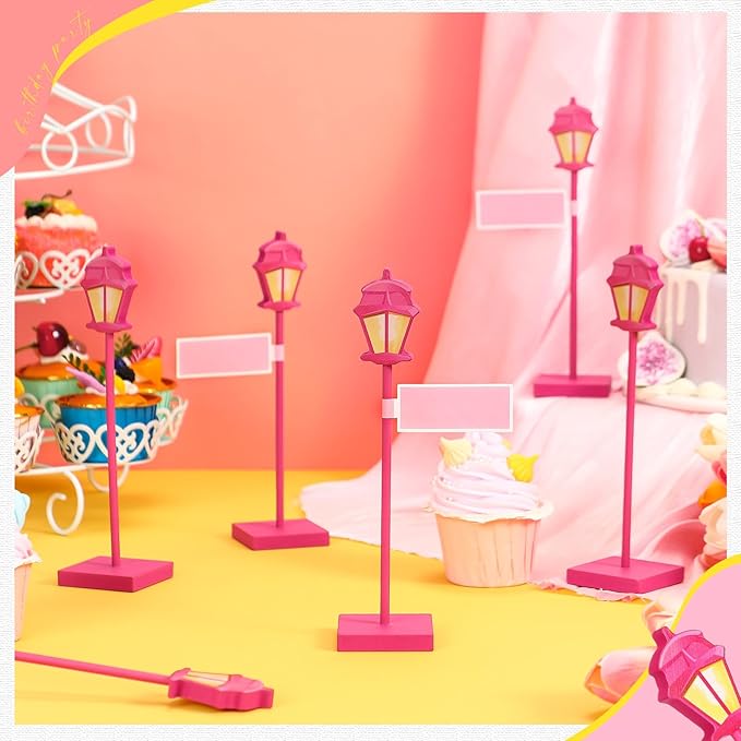 6 Pcs Street Sign Lamp Post Centerpiece Wooden Lamp Post with Street Party Sign Sticker for Toy Decor Friend Birthday Party Supplies Decoration(Pink)