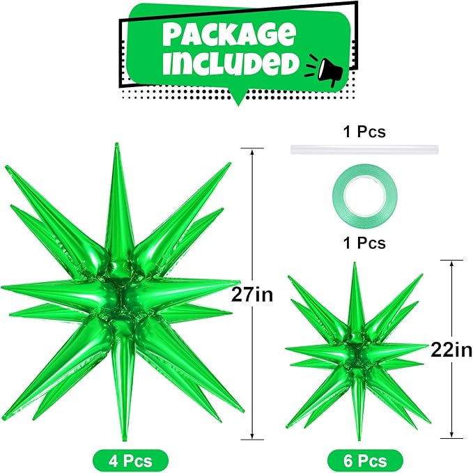 10 Pcs Green Star Balloons Explosion Balloons Foil Cone Balloon Magic for Birthday Wedding Anniversary Party Backdrops Decorations Supplies, 6 Pcs 22Inches and 4 Pcs 27Inches