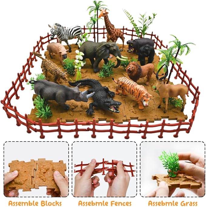 BOLZRA 65PCS Safari Animals Figures Toys, Realistic Plastic Jungle Zoo Wild Animals with Fence Building Blocks Storage Box Christmas Birthday Gift for Kids 3-8