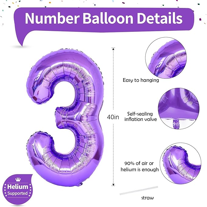 3rd Birthday Number Balloons for Kids, Self Inflating 40 Inch Purple Foil Balllons, Large Number 3 Balloons for Women 30th Birthday Party Bridal Shower Anniversary Graduation Party Decor Girl Supplies
