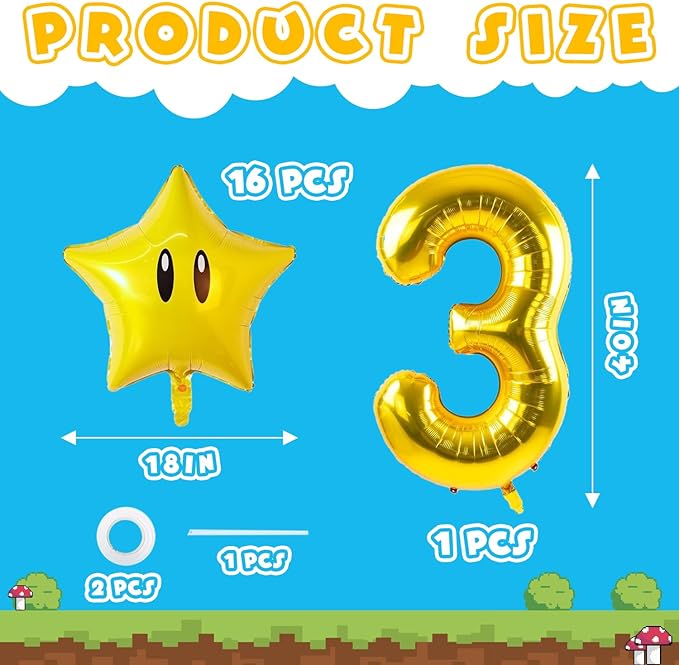 16PCS Foil Star Balloons, 40Inch Number 3 and Star Foil Balloons For Game Theme 3rd Birthday Party Decorations Children Party Supply Party Decor (3rd)