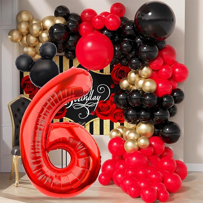 Mouse Number 6 Balloon 40 Inch Red Number 6 Balloon Mini Mouse Head Balloon for 6th Birthday Party, Black Red Large Number 6 Foil Balloon for Baby Shower Anniversary Supplies Decorations