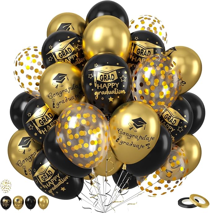 Graduation Balloons, 50PCS 12 inch Black gold Graduate Ballons for Graduates from College and High School Class of 2025 Congrats Grad Party Decorations