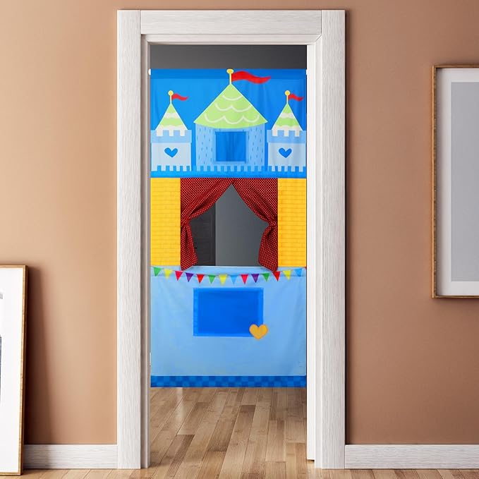 VitalCozy Doorway Puppet Theater with 2 Adjustable Rods Fits in Most Doorways 67 x 31 Inch Foldable Hanging Puppet Show Theater for Christmas Holiday Home (Castle Style)