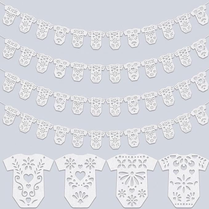 4 Set Cielito Lindo Baby Shower Garland 48 Pcs White Papel Picado Party Decorations Mexican Lace Baby Bodysuit Banner Card with Hanging String for Gender Neutral Party Supplies
