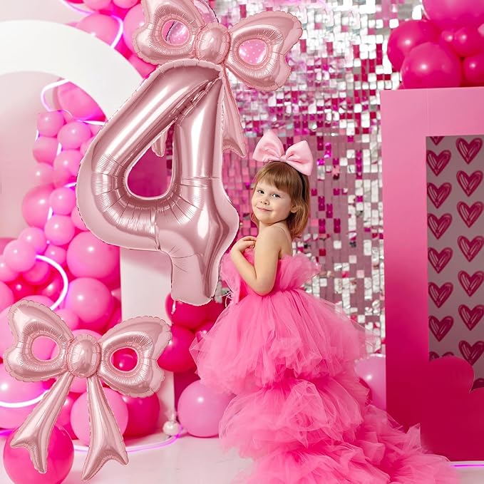 Bow Number 4 Birthday Balloons, 40" Pink Aluminum Foil Balloons Happy Birthday Balloon for Girl 4th Birthday Party, Princess, Coquette Party Decorations Supplies