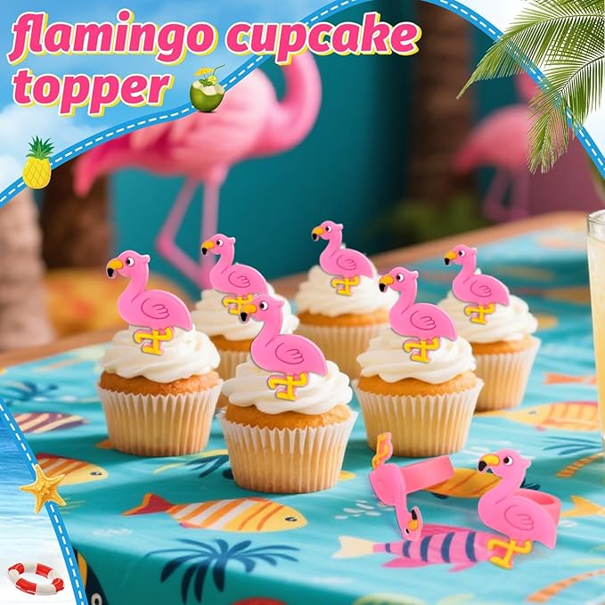 24 PCS Flamingo Cupcake Toppers Cupcake Rings Birthday Cupcake Toppers Tropical Flamingo Theme Cupcake Picks for Baby Shower Hawaiian Luau Aloha Summer Party