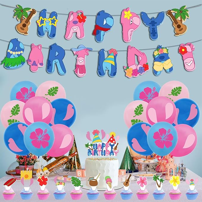 Cartoon Party Decorations, Blue Luau Birthday Banners, Palm Leaves Balloons,Cake Toppers