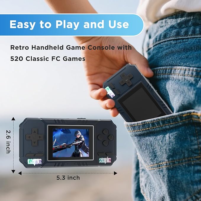 Handheld Portable Game Console, 520 Retro Video Games, 3.0 Inch LCD Screen and 1020mAh Battery Video Games, Portable Game Console Gift for Boys and Girls (Blue)