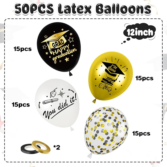 Graduation Party Decorations Balloons Set, 50PCS 12 Inch Black Gold White Confetti Party Latex Balloon for Class Of 2025 Graduation Party Decoration Supplies