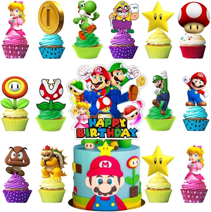 25Pcs Mario Cake Decorations with 24pcs Cupcake Toppers, 1pcs Big Cake Topper for Mario Birthday Party Supplies