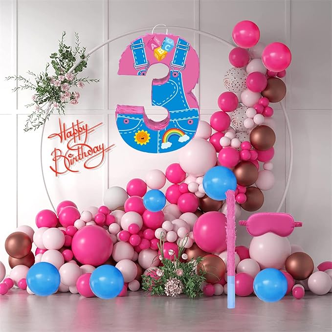 Pink Party Decorations,15.7‘’ Pink Number 3 Pinata with Stick Blindfold Confetti for Girls Boys 3rd Anniversary Party Decorations & Supplies (3rd)