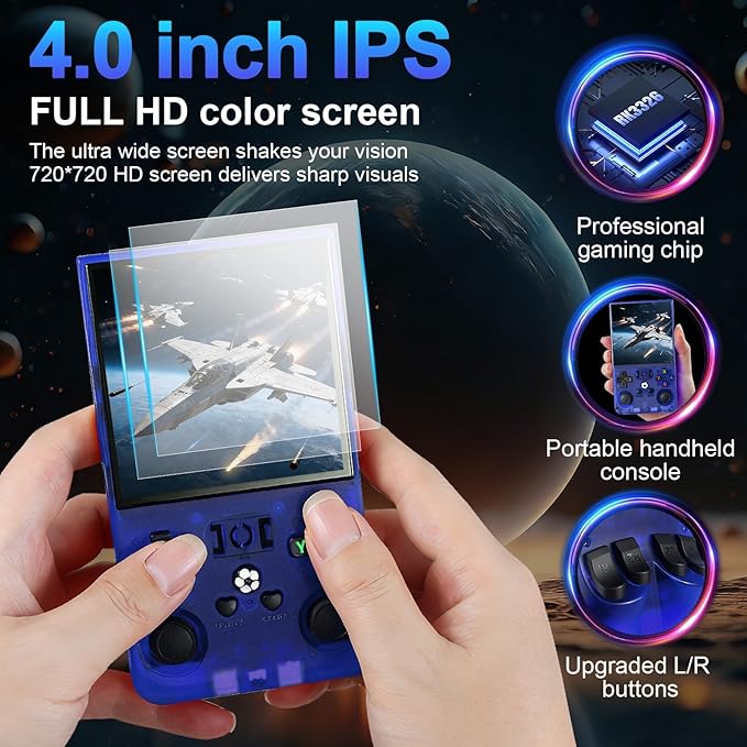 DVJQSN R36MAX Retro Handheld Game Console, 4.0 Inch Screen, 64GB, 18000+ Games, Linux System, 4000mAh Battery (Blue Transparency, 64, GB)