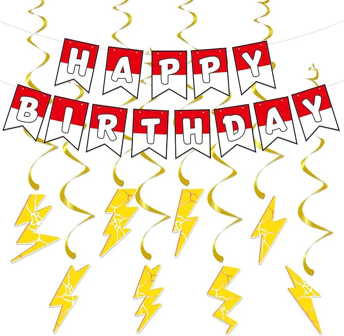 Cartoon Birthday Banner 8pcs Lightning Hanging Swirls Party Decorations, Flash Weather Streamers Gold Lightning Hanging, Kids Yellow Red White Birthday Party Decor for Kids Party Supplies