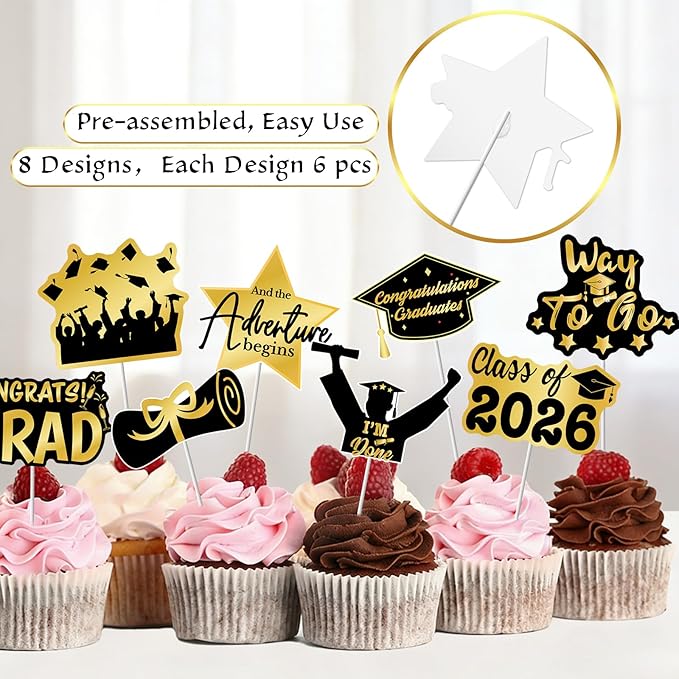 2026 Graduation Cupcake Toppers - 48 Pcs Black Gold Graduation Party Supplies Mini Cake Food/Appetizer Picks For Class of 2026 Graduation Decorations