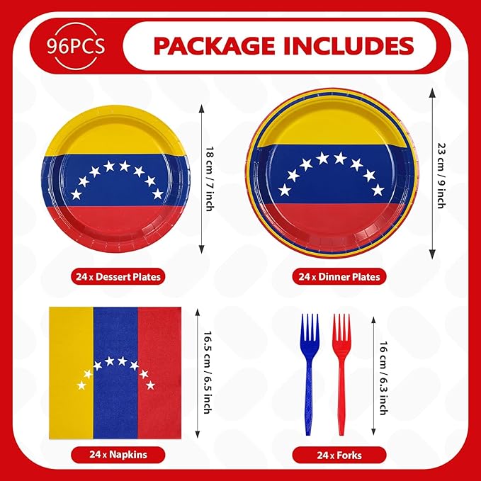 96 Pcs Venezuela Flag Party Decorations Disposable Venezuelan Flag Paper Plates and Napkins Venezuela National Tableware Set for Country Decoration Patriotic Festival Party Supplies, Serves 24