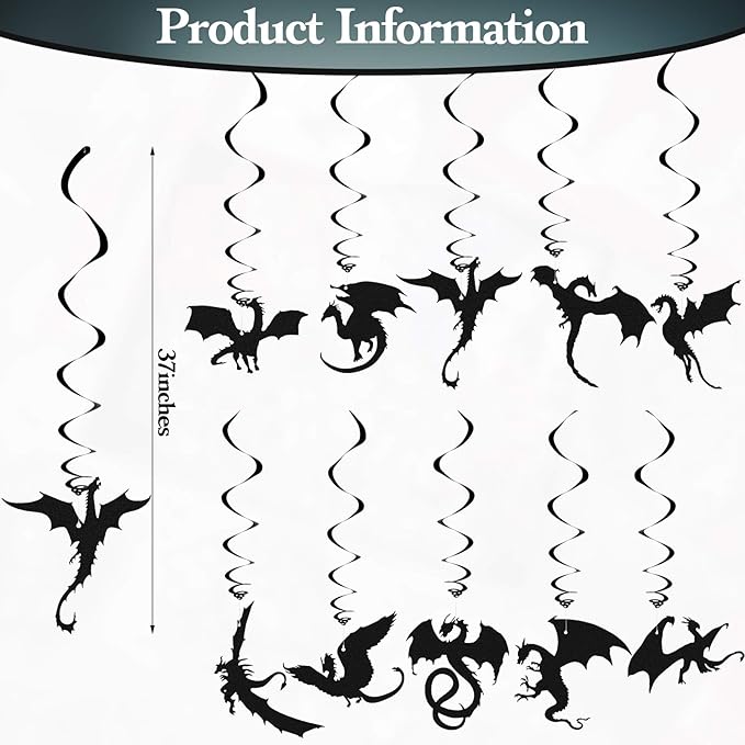 Sumind 30 Pcs Dragon Party Decoration Swirl Foil Hanging Ceiling Decoration for Dragon Themed Birthday Medieval Themed Party, 10 Designs(Black)