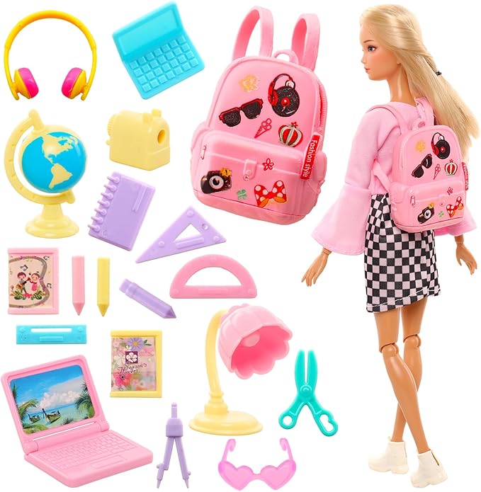 ENOCHT 19 Pcs Girl Doll School Accessories Backpack Mini Desk Lamp Laptop Mini Globe Glasses and Headset for 11.5 Inch Doll School Playset