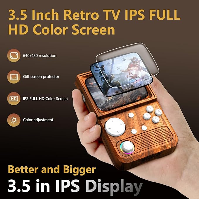 R36T Retro Gaming Console, 3.5'' IPS Screen, Open Source System Support WI-FI Download Multiple Emulator, WiFi Networked Fighting, Portable Gaming Player for Travel with Portable Case(Wood Brown)