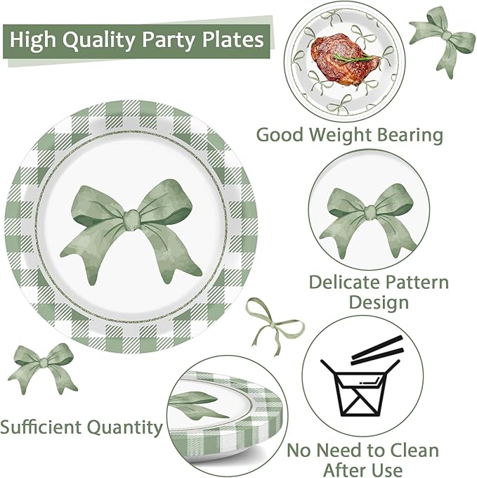 96Pcs Green Plaid Bow Spring Plates and Napkins Coquette Party Decorations Bow Theme Dessert Paper Plates Napkins Birthday Tableware Set for 24 Guests Girls Baby Shower Picnic BBQ Party Suppliess