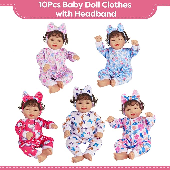 BABESIDE Reborn Baby Doll Clothes for 17-22 Inch Dolls, 5 Sets Baby Doll Clothes Outfits Accessories - Romper Suit and Headband for Baby Doll Boy&Girl Kids Age 3+ Gift