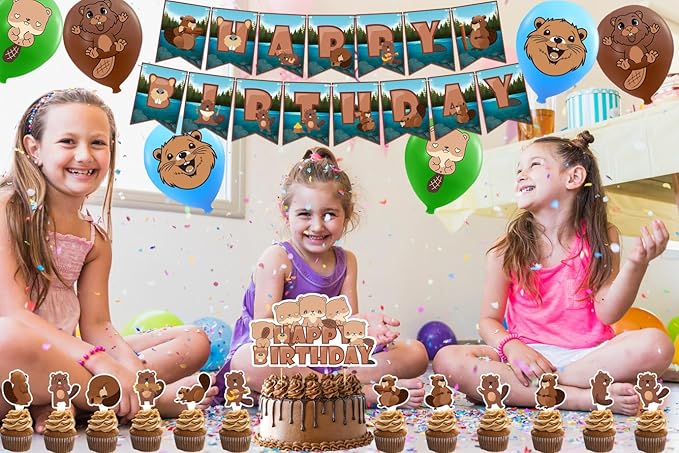 Beaver Party Decorations Beaver Birthday Party Supplies Includes Beaver Birthday Banner Cake Topper Cupcake Toppers Balloons for Birthday Decorations Canada Party Decorations
