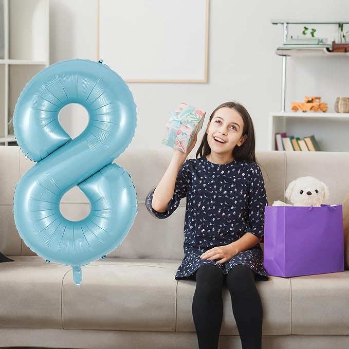 8th Birthday Number Balloons for Kids, 40 Inch Foil Number 8 Balloons Baby Pastel Blue, Helium Large Self Inflating Mylar 8 Balloons for Boys 8th Birthday Party Decor Anniversary Decoration Supplies