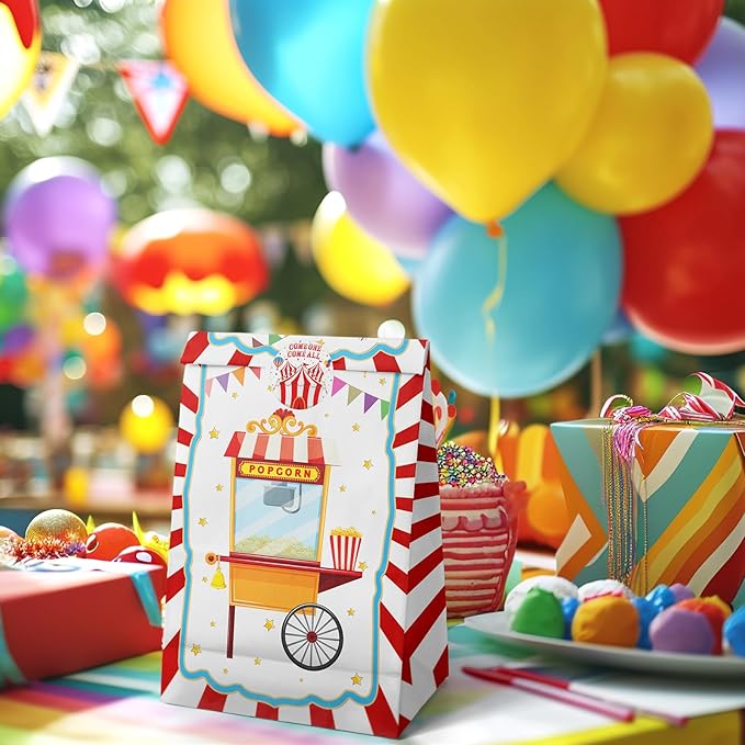 HaPiBiDesign Circus Party Favor Bags - 24 Pcs Carnival Party Candy Bags with Stickers - Carnival Goodie Gift Treat Bags - Watercolor Circus Themed Birthday Party Supplies