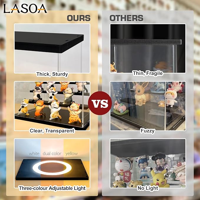 LASOA Acrylic Display Case with Adjustable LED Lights, 3 Tier Clear Display Box for Action Figures and Collectibles, Self-Assembly Showcase with Black Base for Miniatures, 11.8x6.5x9.4inch